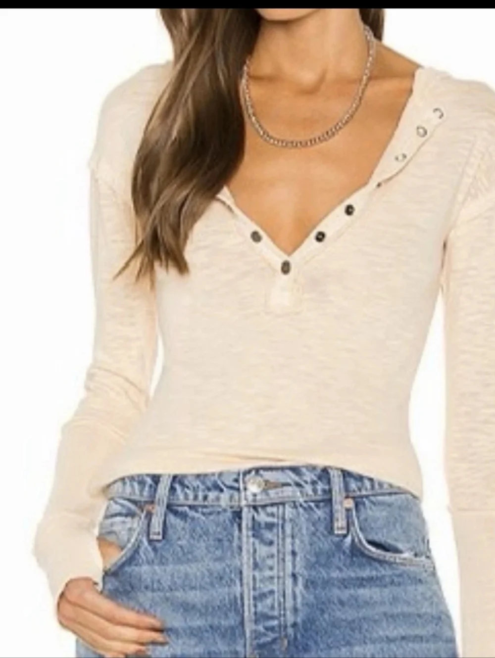 We The Free Free People Phoebe Long Sleeve Henley Shirt Top Tan Beige Cotton M